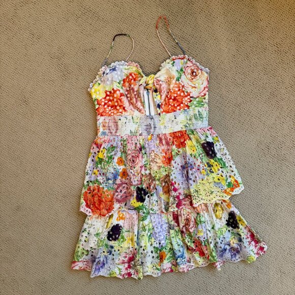 Alice + Olivia Fina Tie Front Smocked Waist  Ruffle Mini Dress - Picture 4 of 8